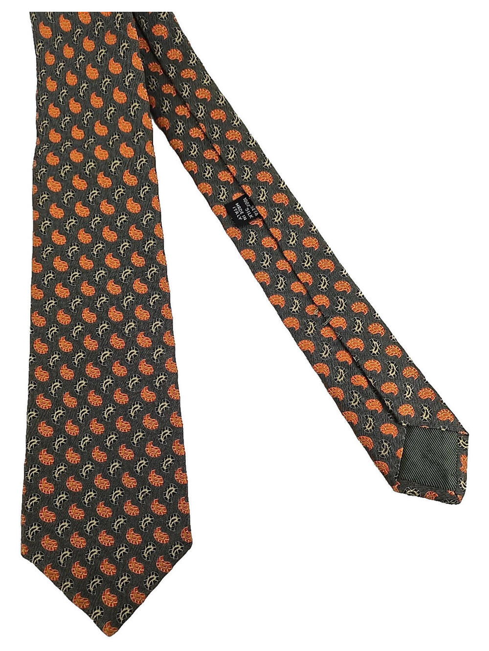 Unbranded Italian Seven-Fold Silk Necktie Foulard Orange Black Gray Paisley 60"